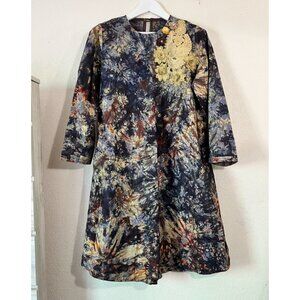 Vintage-Inspired Floral Pattern Long Sleeve Dress With Gold Embroidered Applique